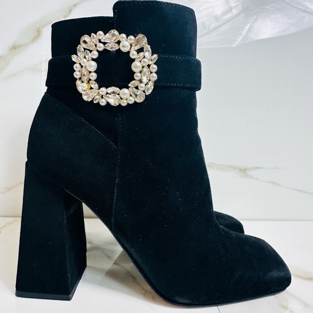 Jessica Simpson Black Heeled Boots with Pearl Accent